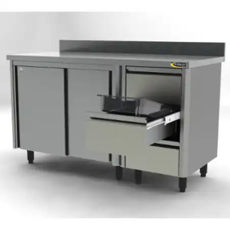 Affaire À Saisir Buffet 1500 + dessus dosseret 2 portes a glissiere+3 tiroirs - sur roulettes inox - Sofinor