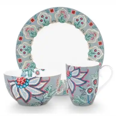 Set de Petit-Déjeuner Pip Studio Flower Festival Light Blue (3-pièces) Commander Vite