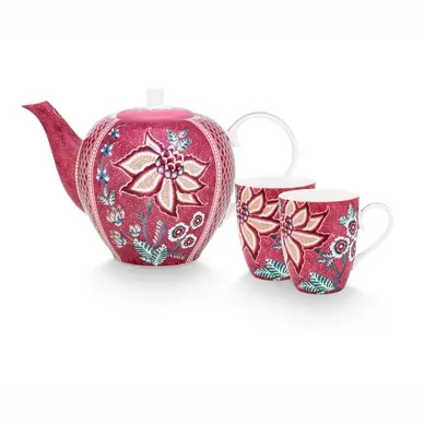 Service à Thé Pip Studio Flower Festival Large Dark Pink (3-Pieces) Dernière Chance