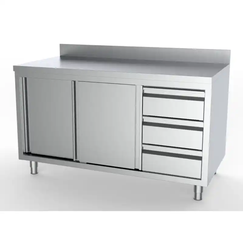 700 Plan De Travail Portes Coulisst Tiroirs À Droite Avec Bord Relevé 2000 - Combisteel - 7333.0278 Petit Prix